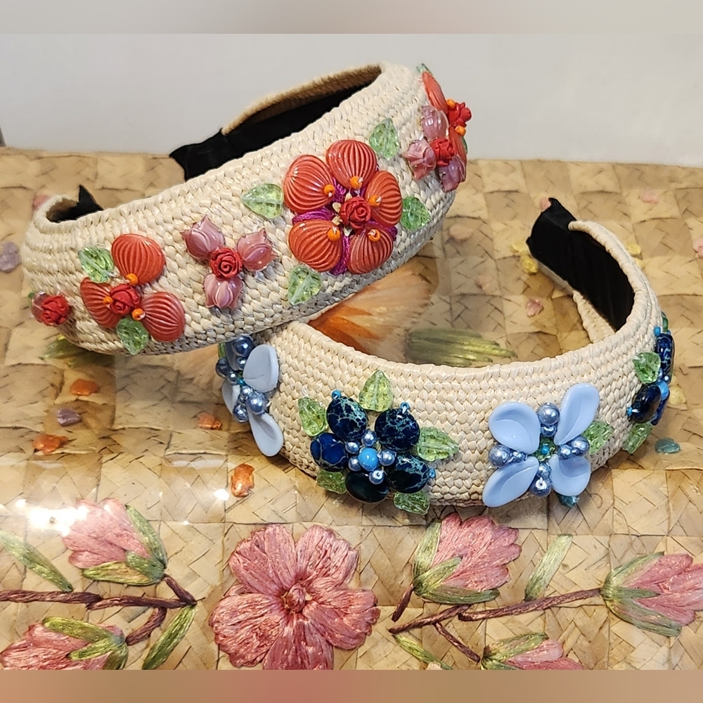 Handbeaded Orange Straw Rattan Headband One of a Kind